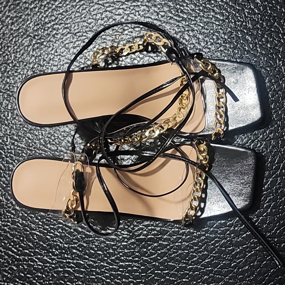 Sexy Black and Gold Chain Crossover Ankle Strap Heels Shoes - Picture 4 of 7
